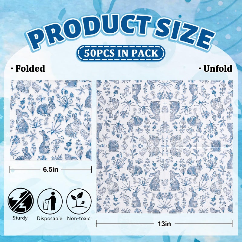 وولاين Whaline 50 جهاز كمبيوتر شخصى الأزرق الأبيض عيد الفصح المناديل الورقية الرجعية الأرنب الأرنب زهرة المناديل المتاح Chinoiserie غداء عشاء المناديل لربيع الزفاف عيد ميلاد حزب الجدول اللوازم - Image 2